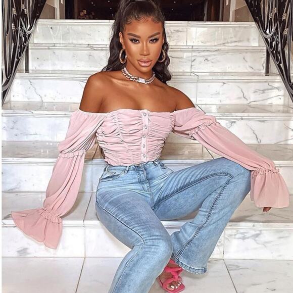 NWT Parisian Off Shoulder Ruched Sheer Top Womens 8 Pink Romantic Coquette - Picture 2 of 7